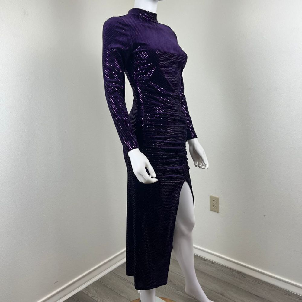 Zara Women Size XS Purple Sequins Velvet Ruched Midi Dress Long Sleeve Mock Neck - Picture 13 of 15